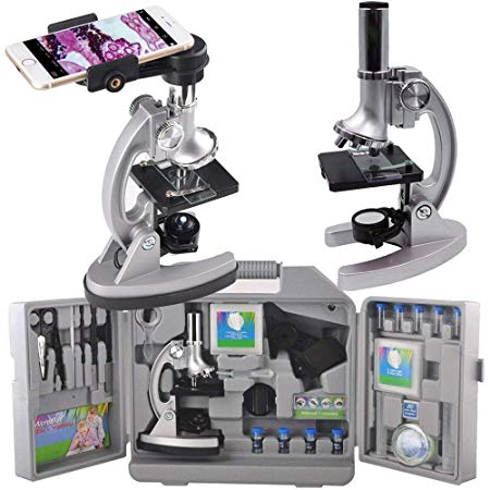 Gosky Microscope Kit for Kids and Beginners with Metal Arm and Base, Magnifications from 300x to 1200x, Includes 70pcs  Accessory Set, Handy Storage Case and Microscopes Smartphone Adapter