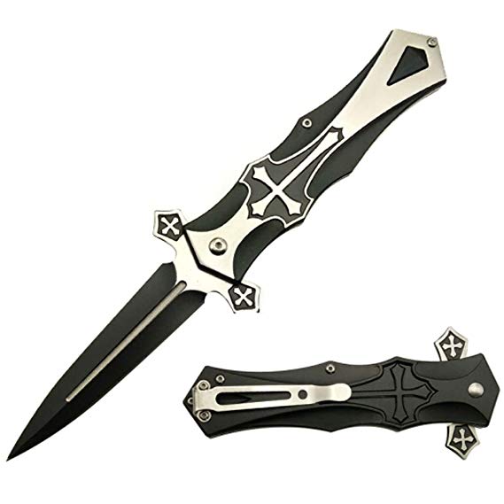 Morpho Diana Force Red,Black,Blue Cross Folding Blade Pocket Knife (Black)