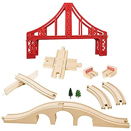 OrgMemory Wooden Train Tracks, Wooden Train Bridge, Suspension Bridge, Brick Bridge, Crossing Track, Curved Track and Wooden Stop Track Compatible with All Major Brands