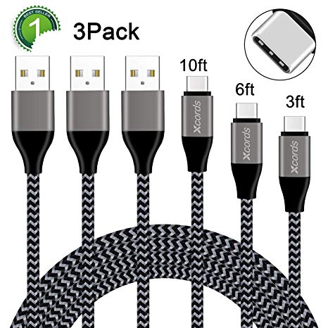 USB Type C Cable, Xcords 3Pack 3FT 6FT 10FT USB A to USB C Cable, Premium Nylon Braided Fast Charger Cable Compatible Galaxy S9/S8 Plus/Note 9/8 Google Pixel/LG V30 V20 / Nintendo Switch(Black)