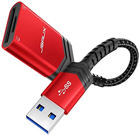 SD Card Reader USB 3.0 [2-in-1], JSAUX Dual Flash Memory Card Adapter for TF, SD, Micro SD, SDXC, SDHC, MMC, RS-MMC, Micro SDXC, Micro SDHC, UHS-I, Plug and Play, Read 2 Cards Simultaneously -Red