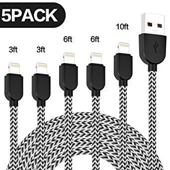 iPhone Charger，SOCOUL 5-PACK [3/3/6/6/10 ft] Extra Long Nylon Braided 8 Pin Ultra Durable Lightning Cable USB Charger Cord Compatible with iPhone X/8/8 Plus/7/7 Plus(Black and White)