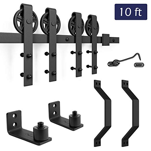 10ft Heavy Duty Double Gate Sliding Barn Door Hardware Kit, 10ft Double Rail, Black, Includes Two Door Handle, Two Floor Guide& One Door Lock,Fit 30" Wide DoorPanel(Big Industrial Wheel Hanger)