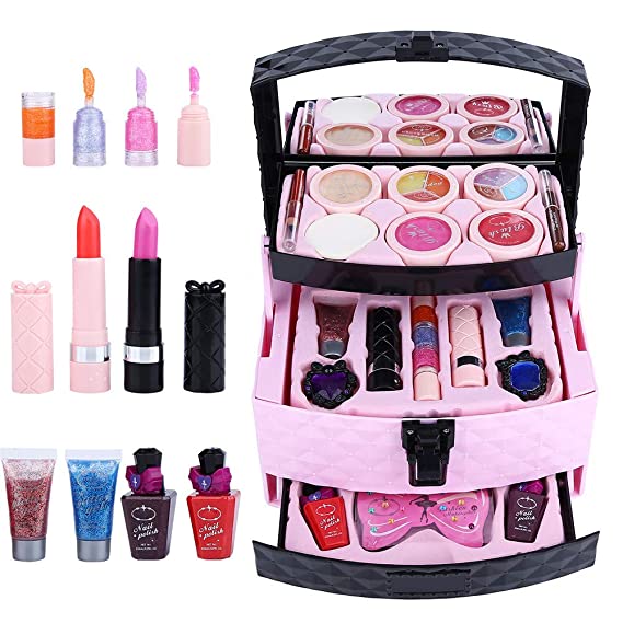 Salmue Children's Cosmetics Set, Water-soluble Makeup Little Princess Cosmetic Case Play House Toys, Including Blush, Eye Shadow, Eyebrow Pencil, Nail Polish, Lip Gloss and Other 22 Beauty Toys