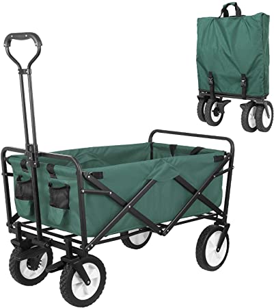 HEMBOR Collapsible Outdoor Utility Wagon, Heavy Duty Folding Garden Portable Hand Cart, with 8" Rubber Wheels and Brake Wheels, Adjustable Handles and Double Fabric, for Shopping,Picnic,Beach (Green)