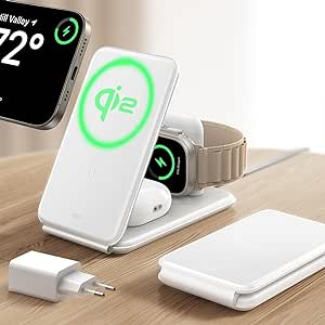 ESR Qi2 Station de Charge sans Fil 3 en 1, 15W Chargeur Apple Watch [Certifié] et Support de MagSafe pour iPhone, pour Plusieurs Appareils, iPhone 15/14/13, Montre et AirPods, Blanc