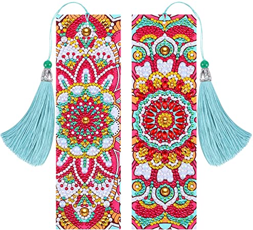 2 Pieces 5D Diamond Painting Bookmarks DIY Beaded Mandala Bookmarks Beautiful Leather Tassel Bookmarks for Mother's Day Birthday Graduation School Embroidery Arts Crafts