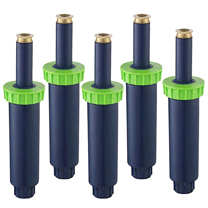 ASNOMY 4" Pop-up Sprinklers with Brass Nozzle, pop up Irrigation Sprinkler for Lawn, Yard, Garden, Planter beds - 5 Pack(4pcs 360 Degrees Sprinklers   1pc 180 Degrees Sprinklers) (Green)