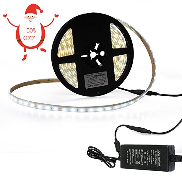 Lightimetunnel LED Flexible Light Strip Waterproof 16.4ft SMD 2835 300 LEDs 12V LED Tape Ribbon Power Supply Daylight White for Party Home Décor Auto Under Cabinets Kitchen Indoor