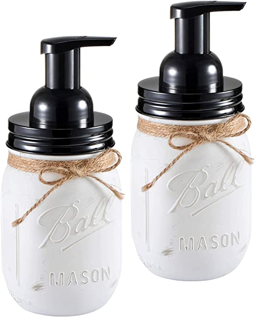 Mason Jar Foaming Soap Dispenser - with 16 Ounce Painted Ball Mason Jar for Bathroom Vanities,Kitchen Sink,Countertops - Made from Rust Proof Stainless Steel Lid and BPA Free Pump / White,2-Pack