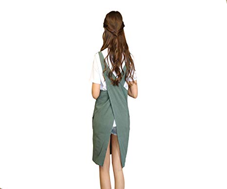 KKTech Japan Style Apron Soft Cotton Linen Apron X Shape Apron Solid Color Halter Cross Bandage Aprons Kitchen Cooking Clothes with Two Side Pockets (Greyish Green)
