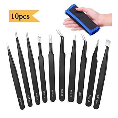 Immuson ESD Tweezers Kit 10pcs Precision Anti-static Tweezers Set Non-magnetic Multi-standard Stainless Steel Tweezers Repair Kit with Storage Bag for Lab Electronics Jewelry and Detailed Work
