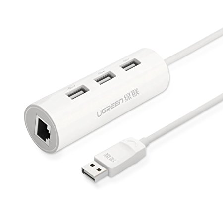 UGREEN 3 Ports USB 2.0 Hub With 10/100Mbps Fast Ethernet LAN Wired Network Support Windows 8.1/8/7, XP, Vista, Mac OS X and Linux for Windows Surface Pro,IdeaPaD, MacBook Air, MacBook Retina and More White
