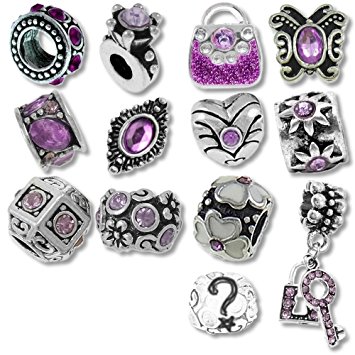 European Charm Bracelet Charms and Beads For Women and Girls Jewelry, Purple Birthstone February June