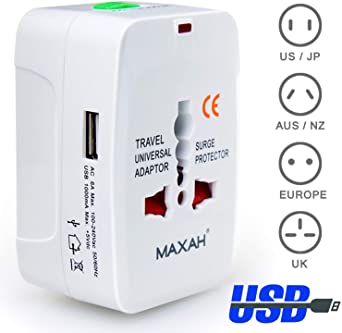 MAXAH Universal Plug Travel Adapter Worldwide Plug Converter Adaptor All in One Wall Charger with 1 USB Works 110 240V EU UK US AU Plugs