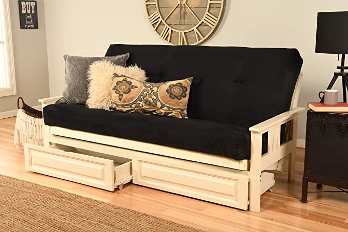 Kodiak Furniture Monterey Futon Set with Storage Drawers, with Antique White Base and Suede Black Mattress