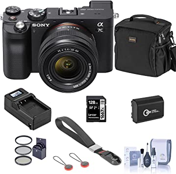 Sony Alpha 7C Mirrorless Digital Camera with FE 28-60mm f/4-5.6 Lens, Black, Bundle with Bag, 128GB SD Card, Extra Battery, Compact Charger, Wrist Strap, Filter Kit, Cleaning Kit