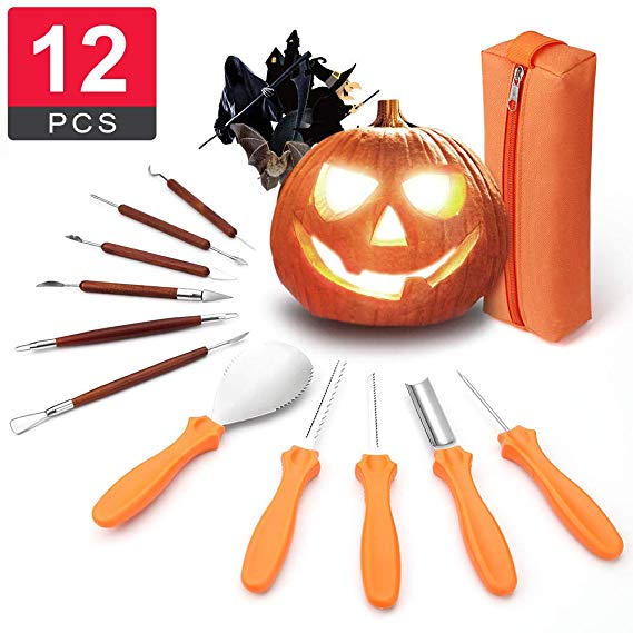 12 PCS Pumpkin Carving Kit Tools, 6 Professional Detail Sculpting Tools, Heavy Duty Stainless Steel Set with Carrying Case for Pumpkin Jack-o-Lanterns Halloween Decoration