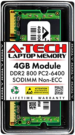 A-Tech 4GB DDR2 800MHz SODIMM PC2-6400 1.8V CL6 200-Pin Non-ECC Unbuffered Laptop RAM Memory Upgrade Module