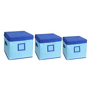 Amazon Brand - Solimo Square Fabric Storage Box with Lid Set of 3 Piece, (Medical Blue and Royal Blue, Standard Size)