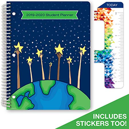 Dated Elementary Student Planner for Academic Year 2019-2020 (Matrix Style - 8.5"x11" - Reach for The Stars Cover) - Bonus Ruler/Bookmark and Planning Stickers