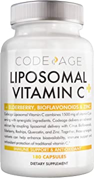 Liposomal Vitamin C 1500mg with Zinc, Elderberry, Citrus Bioflavonoids Grapefruit, Lemon, Orange Powder, Quercetin & Rose Hips Fruit – Vegan Supplement - Non-GMO, Vegan Pills, 180 Capsules