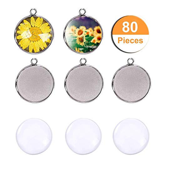 LANBEIDE Silver Pendant Trays for Jewelry Making Kits, 40 Pieces Stainless Steel Round Bezel with 40 Pcs Clear Cabochon Dome 25mm / 1 Inch Diameter (Total 80 Pcs)