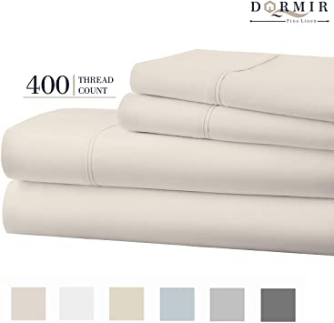 Dormir 400 Thread Count 100% Cotton Beige Queen Sheets Set, 4-Piece Long Staple Combed Cotton Luxurious Sheets for Bed, Breathable, Soft & Silky Sateen Weave Fits Mattress Upto 18'' Deep Pocket