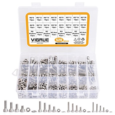 304 Stainless Steel Screw and Nut 520pcs, M3 M4 M5 M6 Hex Socket head Cap Screws Assortment Set Kit with Storage Box, Four Hex Wrenches Included