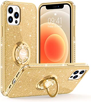 OCYCLONE Glitter Case for iPhone 12 Pro Max 6.7 inch, Sparkle Diamond Soft Bumper Cover with Ring Stand Cute iPhone 12 Pro Max Protective Phone Case for Women Girls - Gold