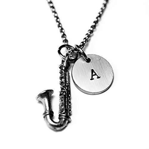 Antique Silver Plated Pewter Saxophone Necklace, personalized with hand stamped stainless steel initial charm. Saxophone necklace. Music.