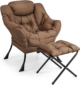 Giantex Lazy Chair with Ottoman, Accent Sofa Chair with Folding Footrest, Side Storage Pocket, Upholstered Leisure Lounge Armchair with Stool for Bedroom, Living Room, Office, Brown