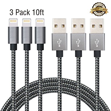iPhone Cable SGIN,3Pack 10FT Nylon Braided Cord Lightning to USB iPhone Charging Charger for iPhone 7,7 Plus,6S,6 Plus,SE,5S,5,iPad,iPod Nano 7(Black Grey)