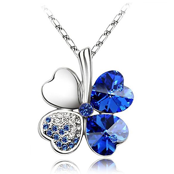 Merdia Four Leaf Clover Heart-shaped Swarovski Elements Crystal Pendant Necklace 16"   2" Extender