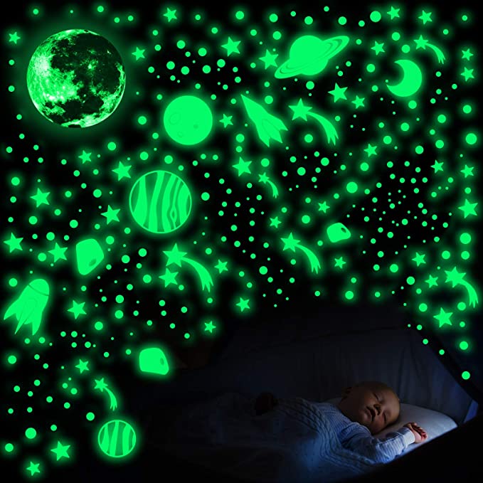 756 Pieces Glow in The Dark Wall Stickers Luminous Moon Planet Spaceship Wall Decals Fluorescent Star Ceiling Stickers for Home Bedroom Kids Room Party Wall Decorations (Fluo Green)