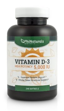 Vitamin D3 5000 IU Softgels 240 Gel Capsules of High Strength Vitamin D (5000iu) in Non GMO Extra Virgin Olive Oil For Best Absorption