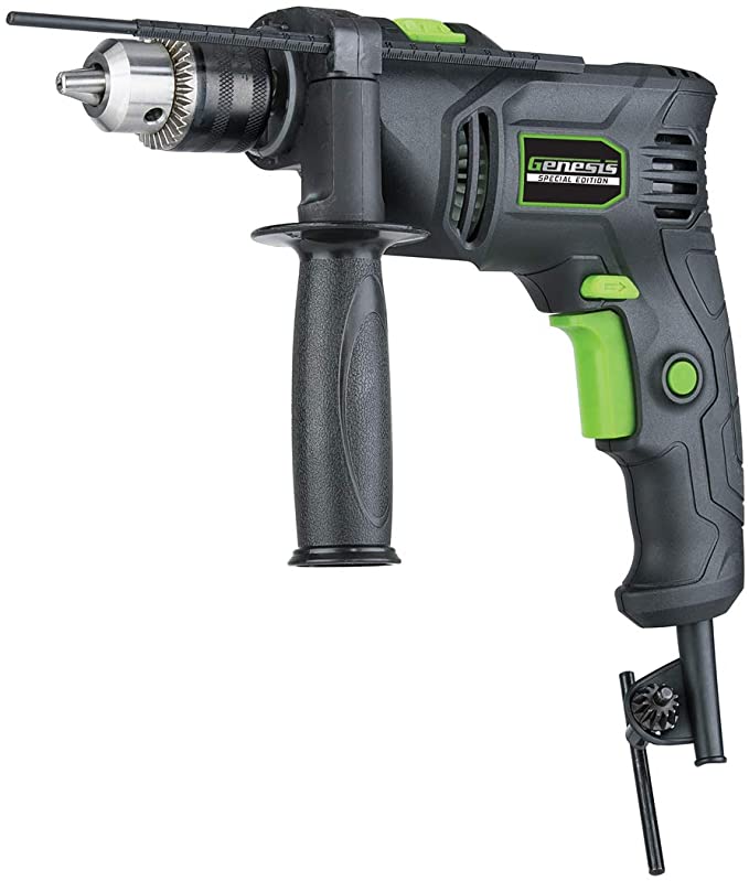 "Genesis 1/2"" 5.0A Variable Speed Reversible Hammer Drill with Auxiliary Handle, Chuck Key and Key Holder and 5ft PowerCord", black (GHD1250SE)