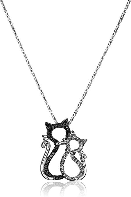 Sterling Silver Black and White Cat Couple Diamond Pendant Necklace (1/7 cttw, I-J Color, I2-I3 Clarity)