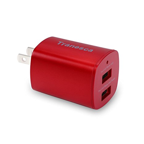 Tranesca 2-port USB Travel Wall Charger with foldable plug for iPhone 7 /7 plus/iPhone 6s/6/iPhone5/iPad/ iPad Pro / mini and More ( UL and FCC certified- 100% truly marked)- Red