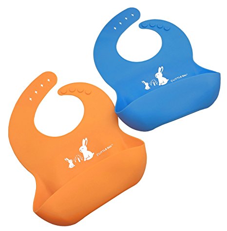 LITTLE Bot Catch-All Soft Silicone Bib - 2 Pack Blue/Orange Bunny, Waterproof, Comfortable, Easy to clean, Baby/Toddler, Germ-free