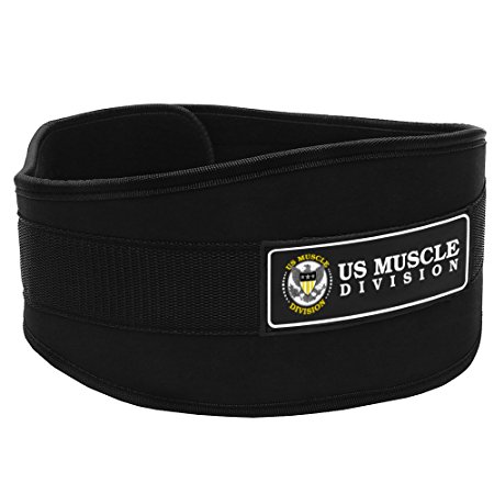 Weight Lifting Belt - US Muscle Division Back Support Belt   Easy Open Velcro Hook And Loop Fastener - Double Stitched Weight Belt Featuring Soft Feel 6” Wide Padded Neoprene