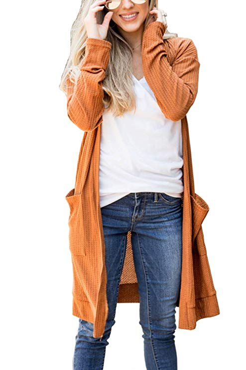 BOSSAND Women Long Sleeve Open Front Lightweight Knit Long Cardigan Knitted Maxi Sweaters Coat Outwear with Pockets
