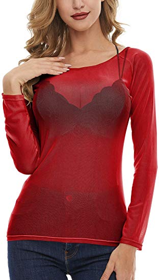 SATINIOR Women's Casual Long Sleeve See Through Mesh Sheer Top Blouse Shirt for Club Party Valentine's Day