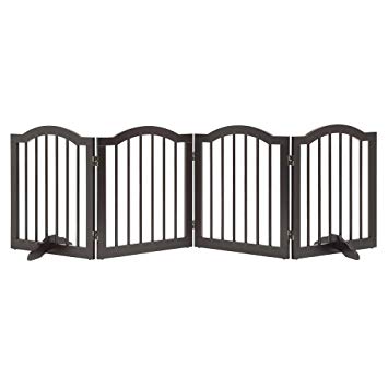 unipaws Freestanding Pet Gate with 2pcs Support Feet, Foldable Dog Gate for Stairs, Pet Gate Panels, Decorative Indoor Pet Barrier with Arched Top - Espresso