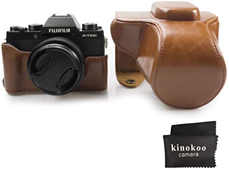 kinokoo PU Leather Cover Bag for Fuji X-T100 Camera and 15-45mm Lens, Prective Case with Shoulder Strap-Brown