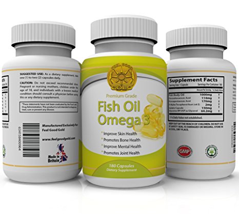 Omega 3 - Fish Oil - 180 Capsules - 1000mg Per Serving, 6 months supply - high concentration of DHA and EPA - The best for maintaining Cardiovascular Health - Joint Health - Supports Brain Health - Immune System Boost - Feel Good Gold Omega 3.