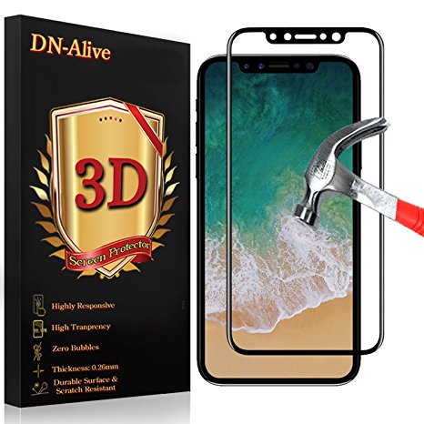 iPhone X Screen Protector, iPhone X Edition Tempered Glass, By DN-Alive [3D Glass] [Black] [9H Hardness] [Anti Scratch] [Shatter Proof] [Easy Installation] [Full Cover - Edge To Edge] [iPhone 10]