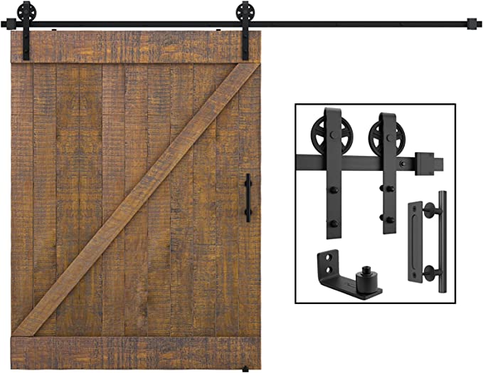 SMARTSTANDARD 10ft Heavy Duty Sliding Barn Door Hardware Kit, Black, (Whole Set Includes 1x Pull Handle Set & 1x Floor Guide) Fit 60" Wide Door Panel (Big Industrial Wheel Hangers)