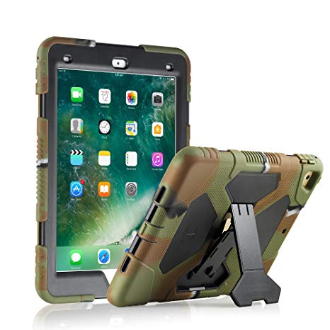New iPad 9.7 2018/2017 Case, KIDSPR Lightweight Shockproof Rugged Cover with Stand Protective Full Body Rugged for Kids for New Apple iPad 9.7 inch 2018/2017 (6th Gen, 5th Gen) (Army/Black)
