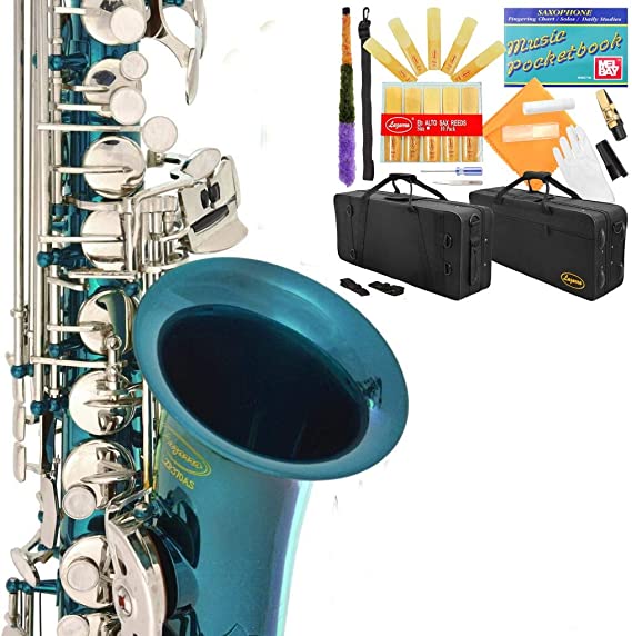 Lazarro Professional Sea Blue Body Silver Keys E-flat Eb Alto Saxophone Sax with 11 Reeds, Case, Music Book, Mouthpiece and Many Extras, 370-SB